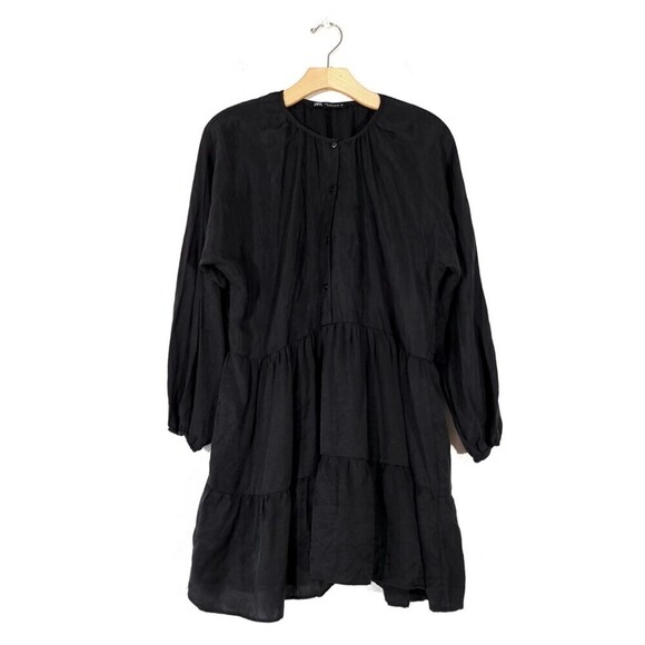 NEW Zara Tiered Button Front Babydoll Mini with Lantern Sleeves in Black Small - Picture 2 of 12